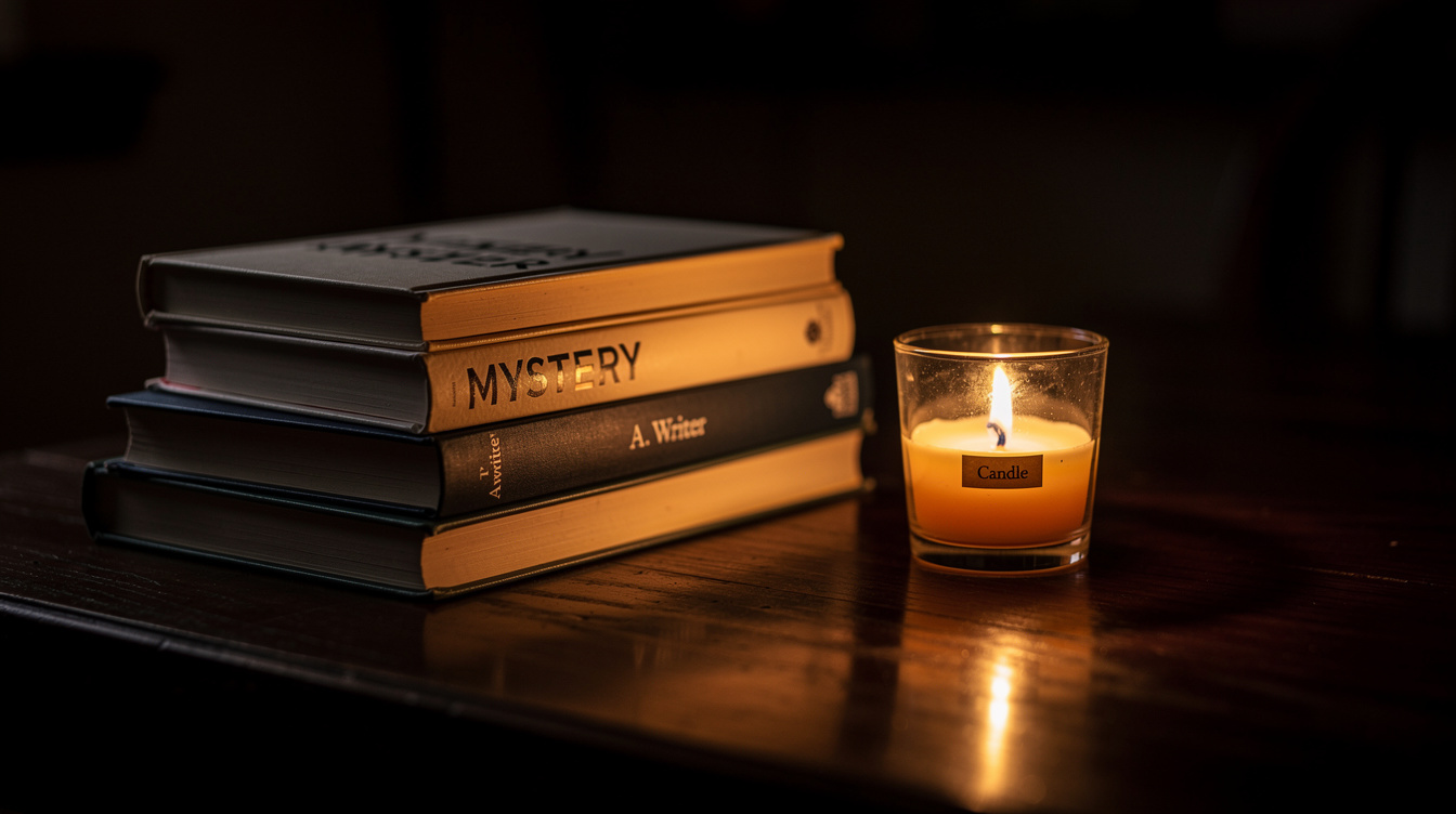 Stack of hardcover mystery novels beside a lit candle on a dark wooden table