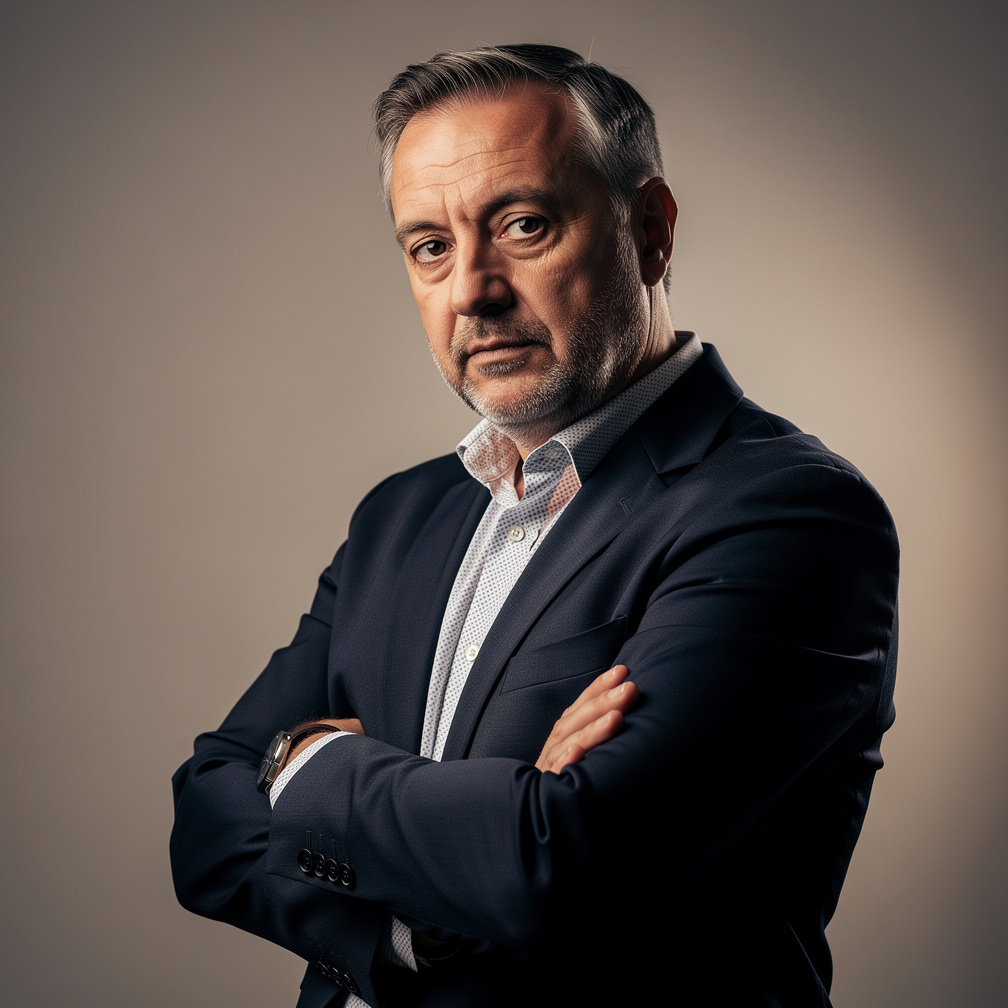 Studio portrait of a Croatian mystery novelist in his fifties wearing a dark jacket